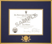 UBC Gold metal diploma frame with 24k gold plated UBC medallion (SG13.5x16-NPB/SG/GC&LL)